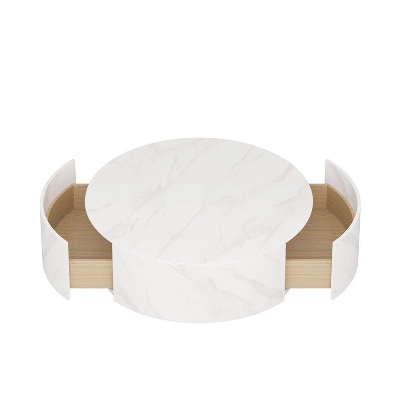 Modern Drum Coffee Table with Oak Veneer, Sintered Stone Coffee Table with 2 Solid Wood Drawers