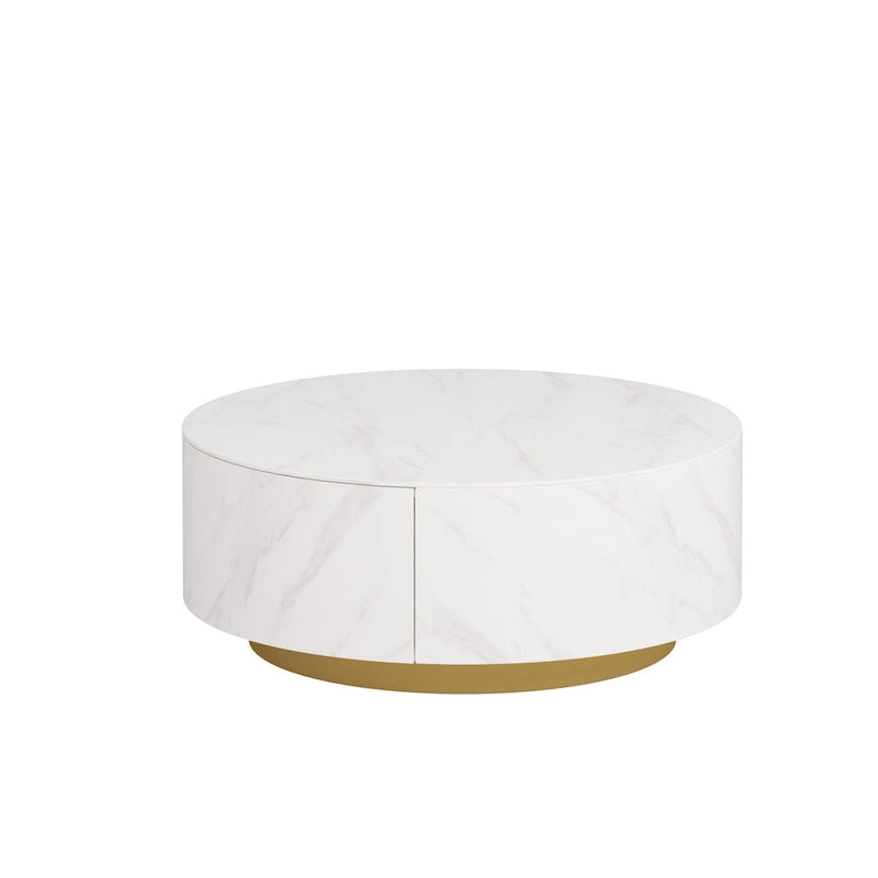 Modern Drum Coffee Table with Oak Veneer, Sintered Stone Coffee Table with 2 Solid Wood Drawers