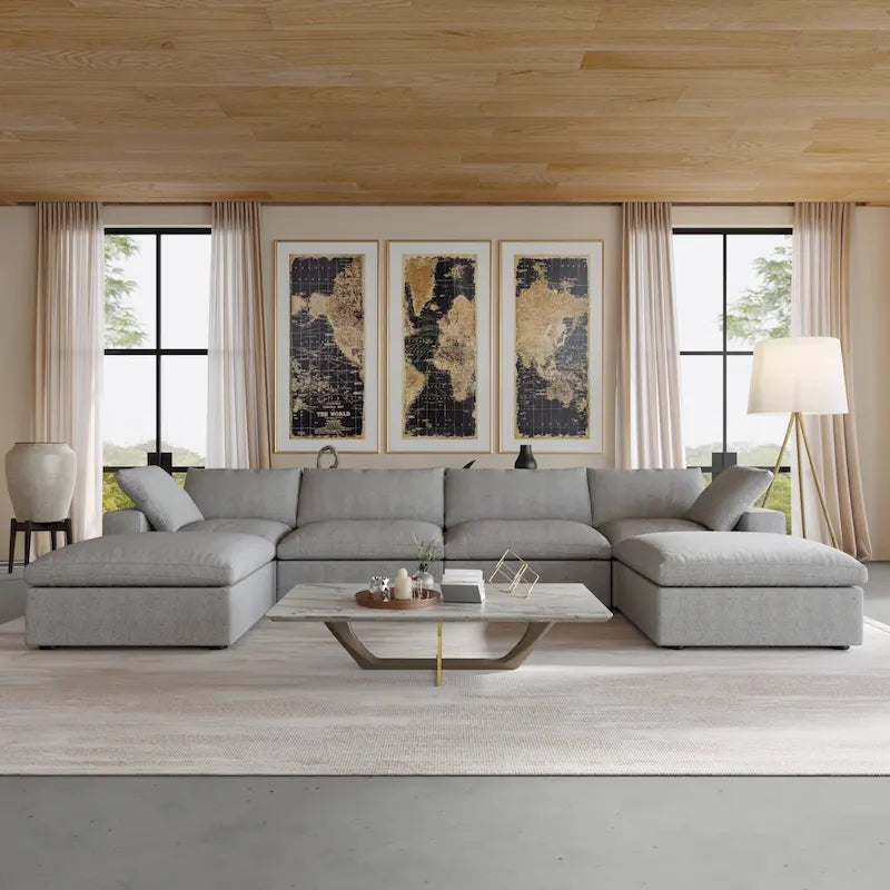 U-shape Linen Upholstered Sectional Sofa Multiple Cushions Modular Couch