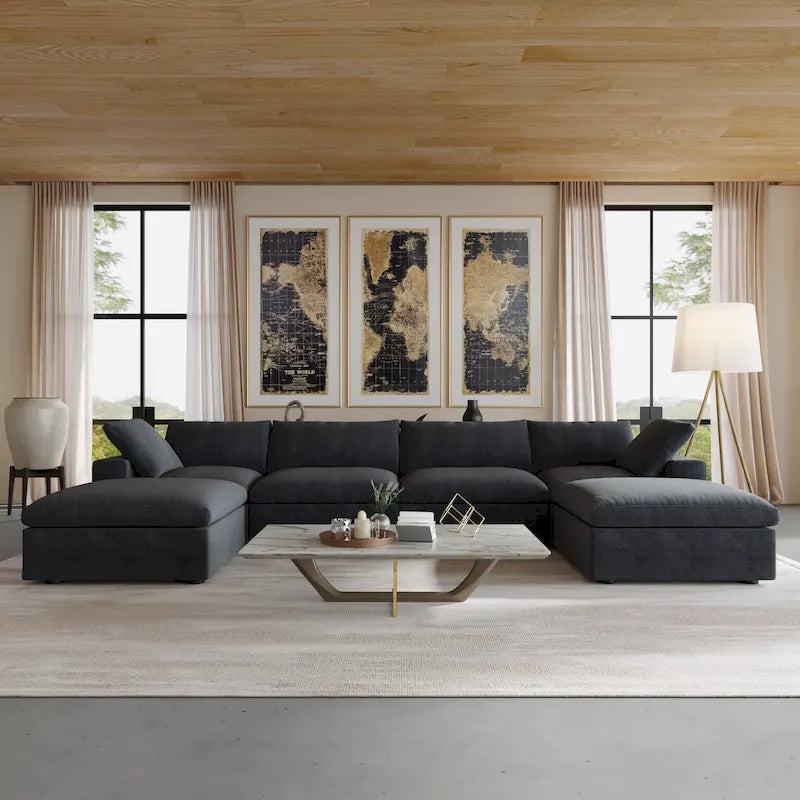 U-shape Linen Upholstered Sectional Sofa Multiple Cushions Modular Couch