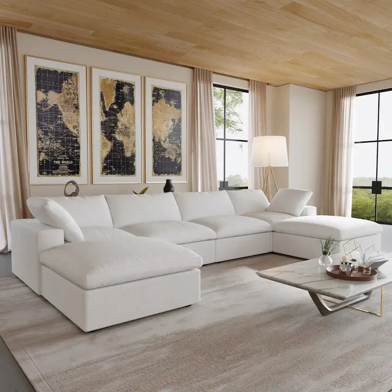 U-shape Linen Upholstered Sectional Sofa Multiple Cushions Modular Couch