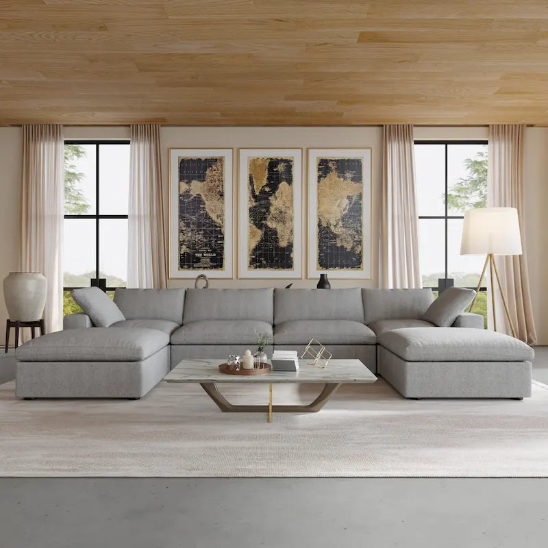 U-shape Linen Upholstered Sectional Sofa Multiple Cushions Modular Couch