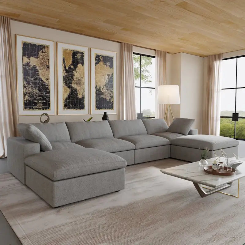 U-shape Linen Upholstered Sectional Sofa Multiple Cushions Modular Couch
