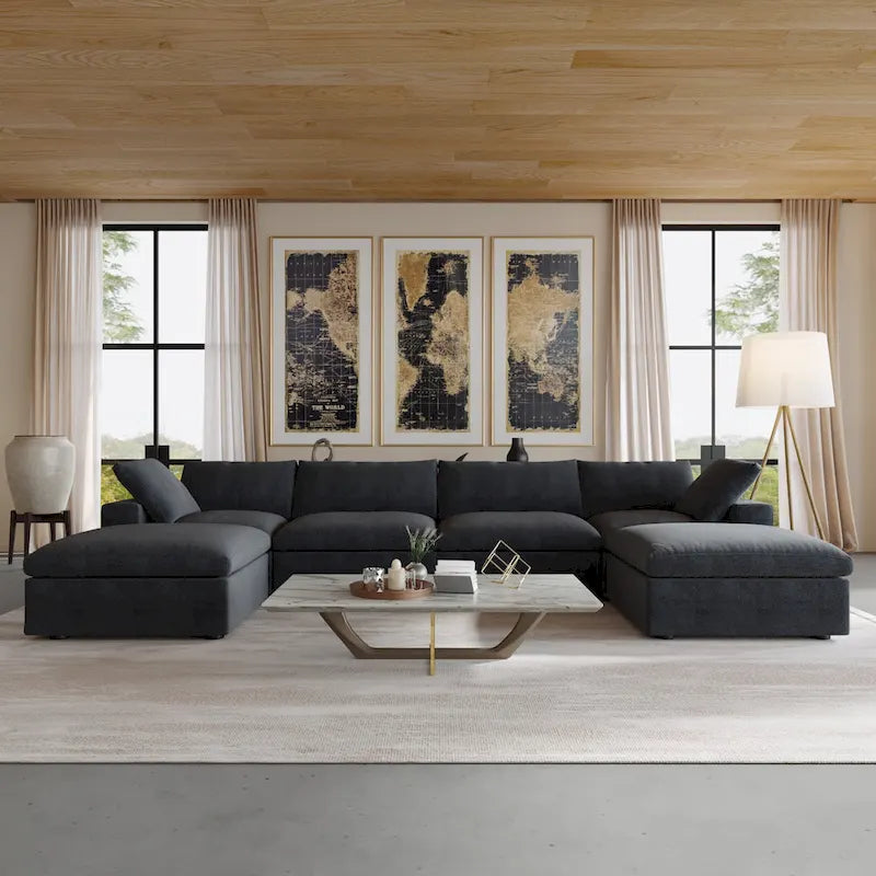 U-shape Linen Upholstered Sectional Sofa Multiple Cushions Modular Couch
