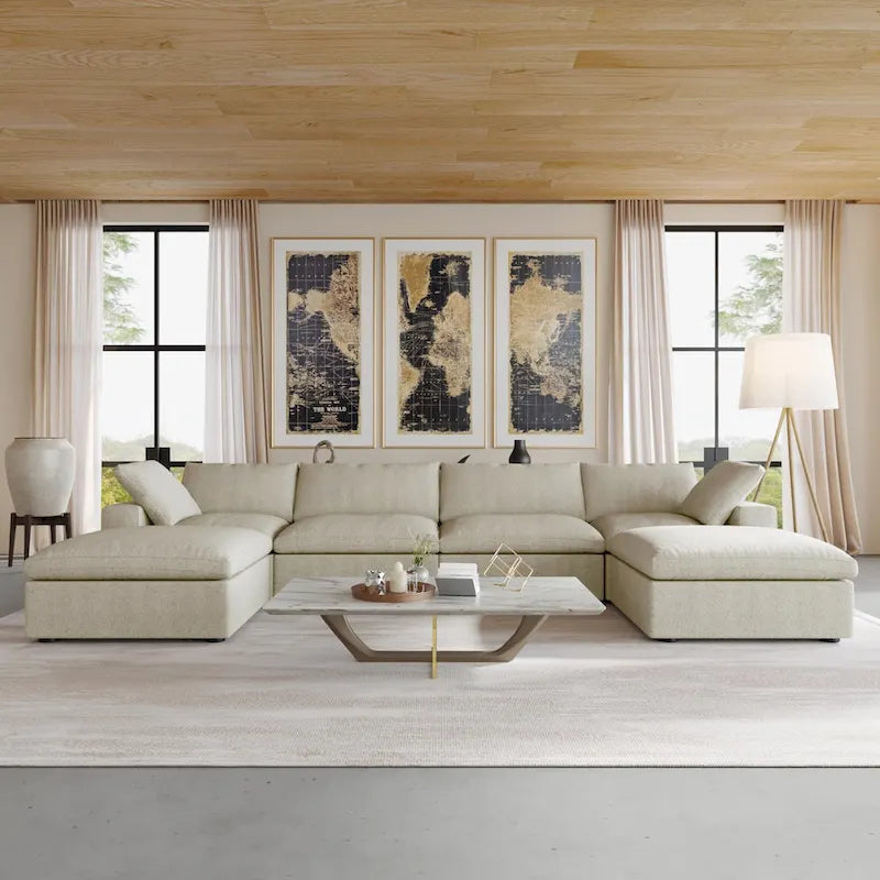 U-shape Linen Upholstered Sectional Sofa Multiple Cushions Modular Couch