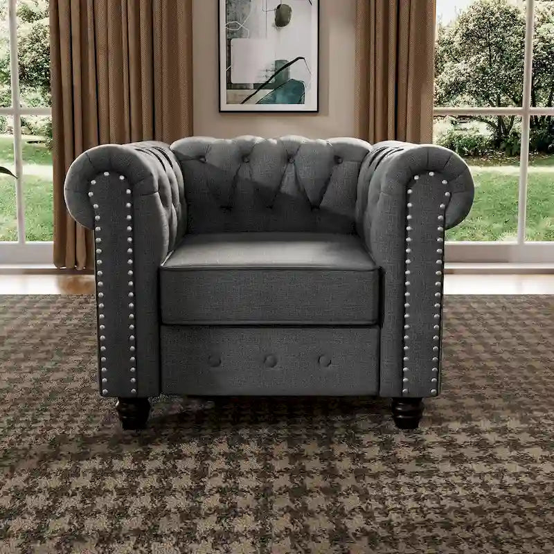 Morden Fort Linen Chesterfield Club Accent Chair,Button Tufted Upholstered Armchair with Nailhead and Solid Wood Legs