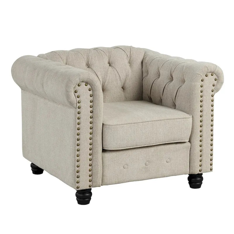 Morden Fort Linen Chesterfield Club Accent Chair,Button Tufted Upholstered Armchair with Nailhead and Solid Wood Legs