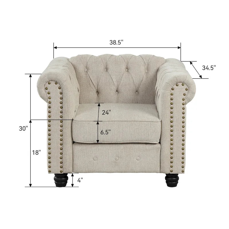 Morden Fort Linen Chesterfield Club Accent Chair,Button Tufted Upholstered Armchair with Nailhead and Solid Wood Legs