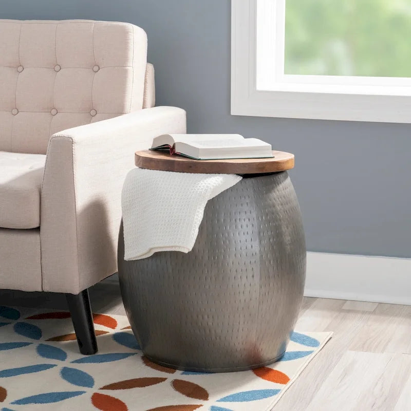 Kayvon Drum Side Table with Storage Gold