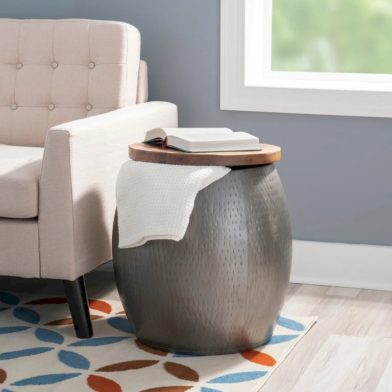Kayvon Drum Side Table with Storage Gold