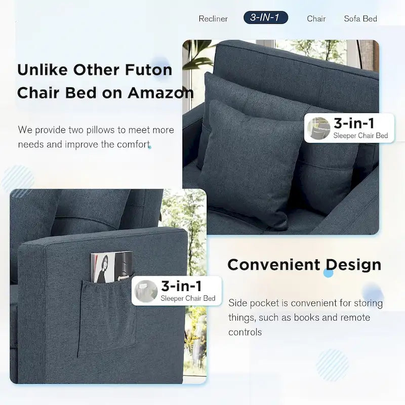 AECOJOY Adjustable Sleeper Chair Bed 3-in-1 Convertible Futon Sofa