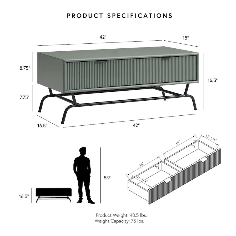 DH BASIC Modern 42-inch 2-Drawers Coffee Table with Metal Legs by Denhour