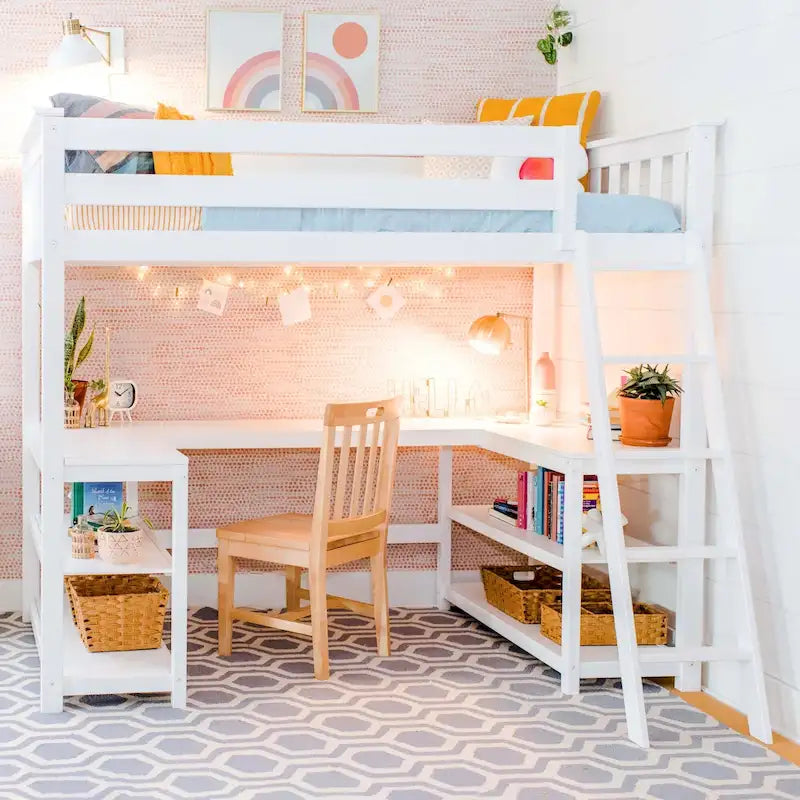Max and Lily Twin Size High Loft Bed with Wraparound Desk and Shelves