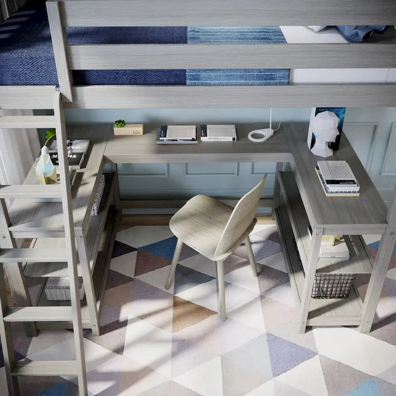 Max and Lily Twin Size High Loft Bed with Wraparound Desk and Shelves