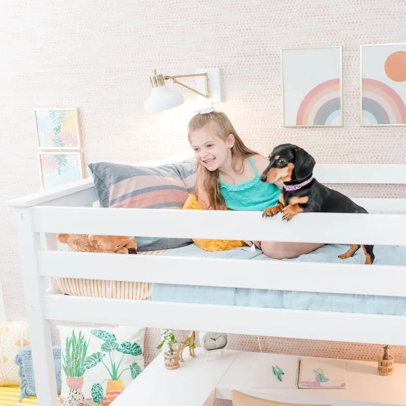 Max and Lily Twin Size High Loft Bed with Wraparound Desk and Shelves