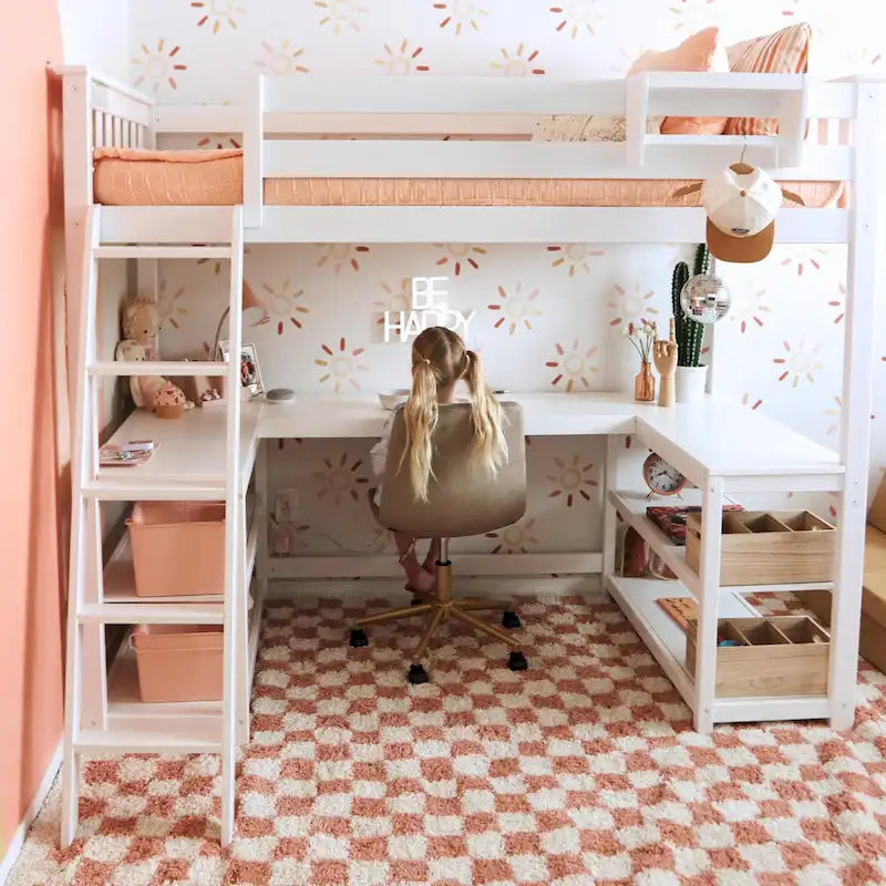 Max and Lily Twin Size High Loft Bed with Wraparound Desk and Shelves