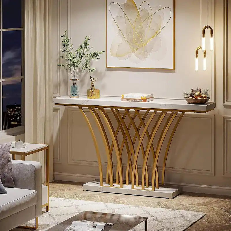59 Inches Console Table,Gold and White Faux Marble Entryway Table