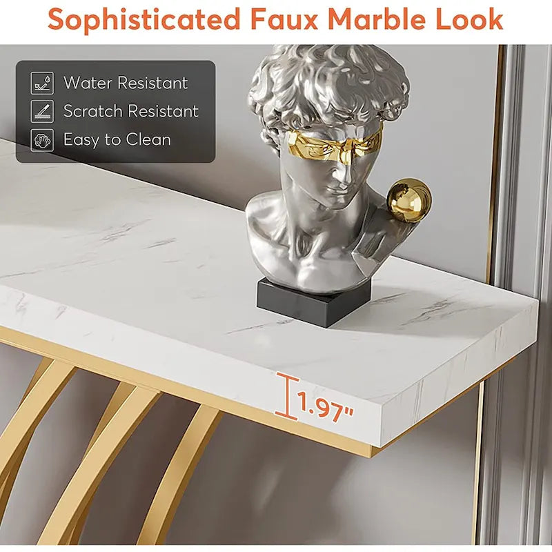 59 Inches Console Table,Gold and White Faux Marble Entryway Table