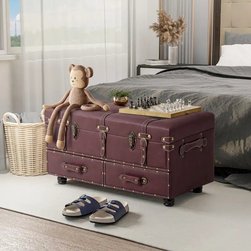 COZAYH Vintage Storage Ottoman Bench, Chest Cabinet with Latch Closure and Buckle for Bedroom Closet Home Organizer Decorative