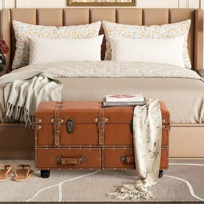 COZAYH Vintage Storage Ottoman Bench, Chest Cabinet with Latch Closure and Buckle for Bedroom Closet Home Organizer Decorative