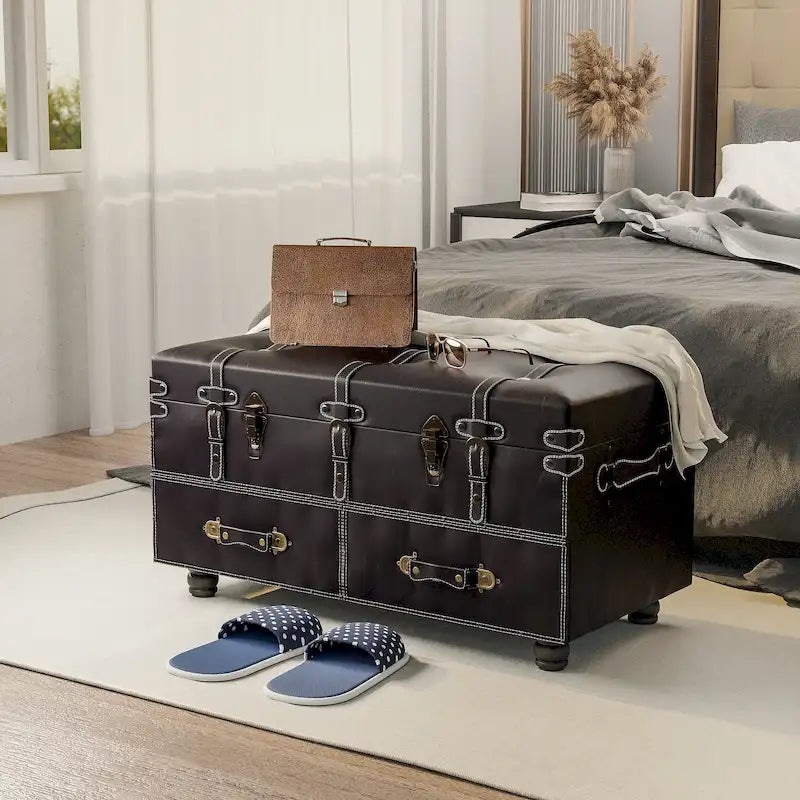 COZAYH Vintage Storage Ottoman Bench, Chest Cabinet with Latch Closure and Buckle for Bedroom Closet Home Organizer Decorative