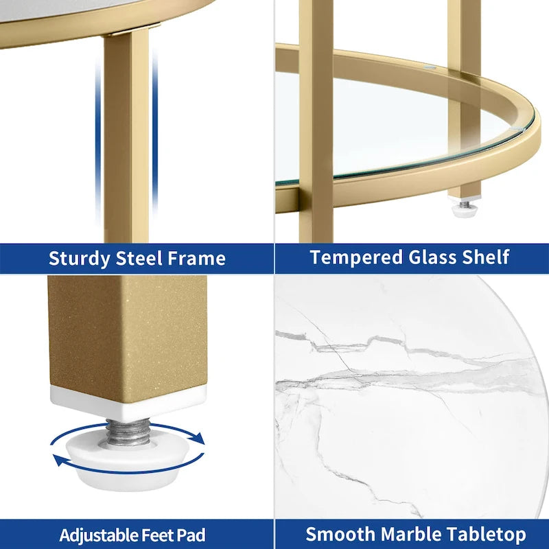 White Marble Pattern Round Coffee Table with Glass 2-Tier Circle Gold Frame