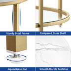 White Marble Pattern Round Coffee Table with Glass 2-Tier Circle Gold Frame