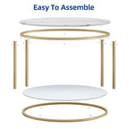 White Marble Pattern Round Coffee Table with Glass 2-Tier Circle Gold Frame