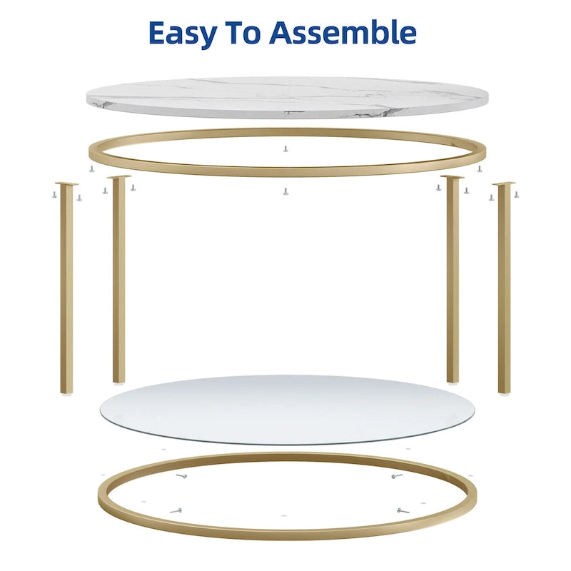 White Marble Pattern Round Coffee Table with Glass 2-Tier Circle Gold Frame