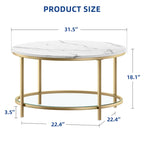 White Marble Pattern Round Coffee Table with Glass 2-Tier Circle Gold Frame