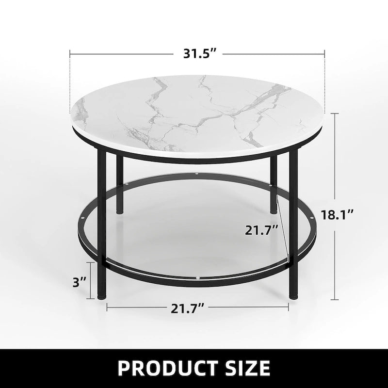 White Marble Pattern Round Coffee Table with Glass 2-Tier Circle Gold Frame