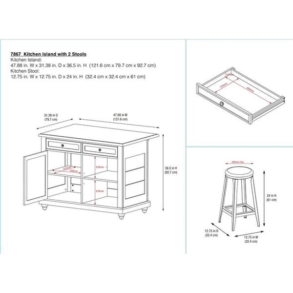 Avenue Greene Betty Kitchen Island with 2 Stools