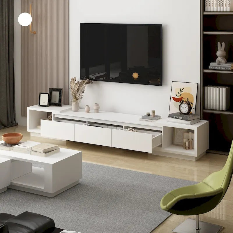 Modern Style Extendable TV Stand with 3Drawer White/Black 65.4-106.3