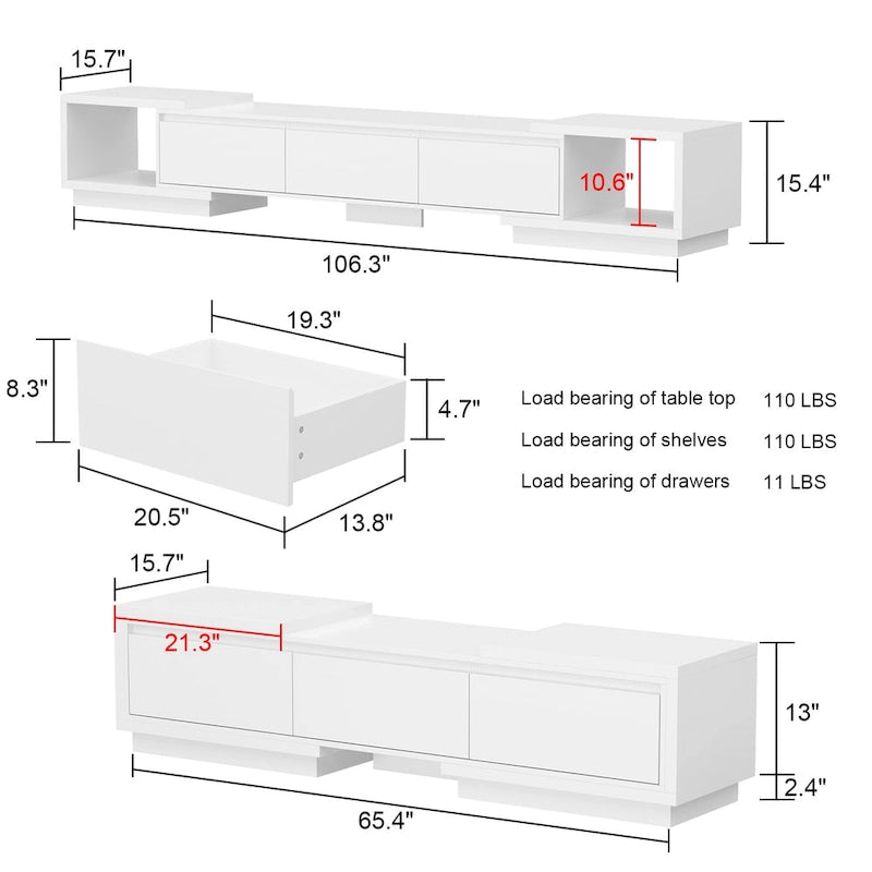 Modern Style Extendable TV Stand with 3Drawer White/Black 65.4-106.3