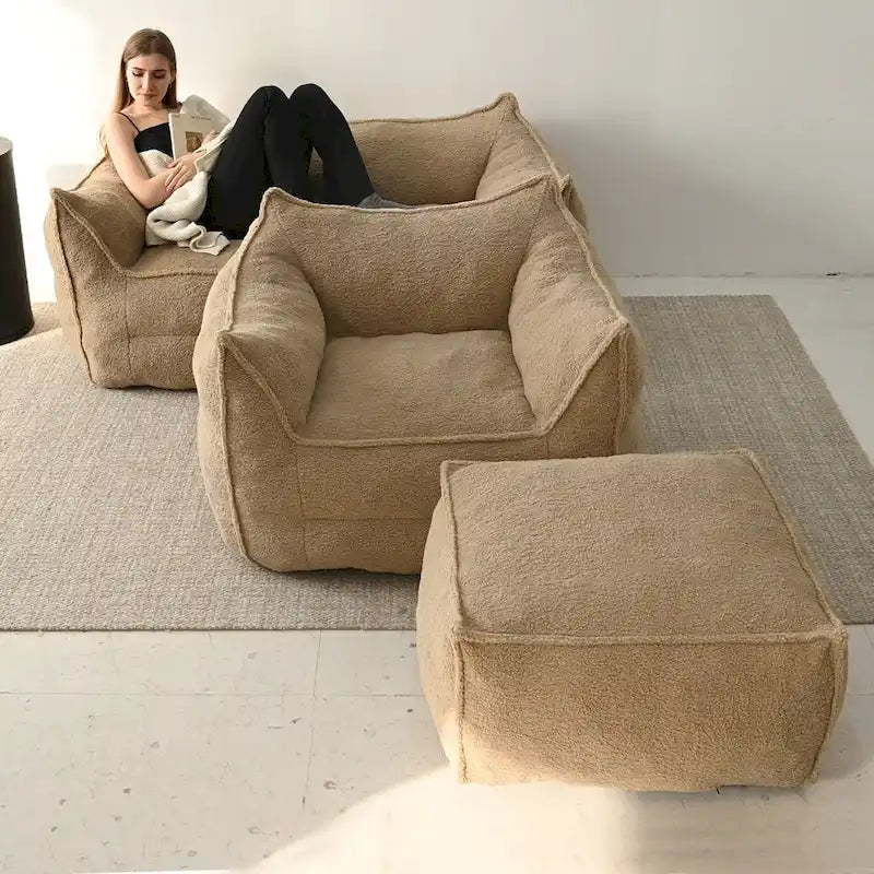 Lazy SofaTeddy Faux Fabric Couch Living Room Sofa Bean Bag Chair with Memory Foam