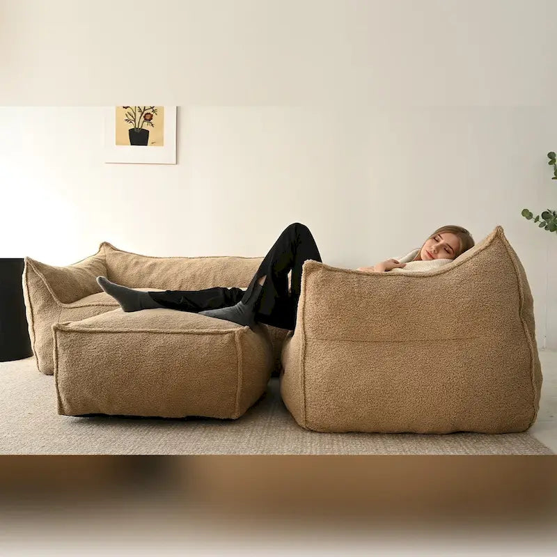 Lazy SofaTeddy Faux Fabric Couch Living Room Sofa Bean Bag Chair with Memory Foam