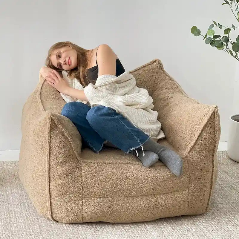 Lazy SofaTeddy Faux Fabric Couch Living Room Sofa Bean Bag Chair with Memory Foam