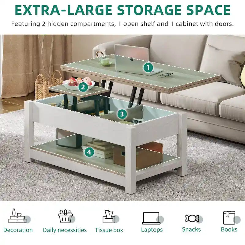 Moasis Lift Top Coffee Table Extendable Tabletop with Hidden Storage and Shelves