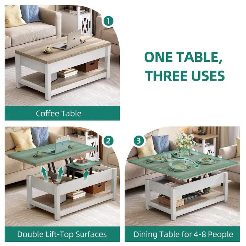 Moasis Lift Top Coffee Table Extendable Tabletop with Hidden Storage and Shelves