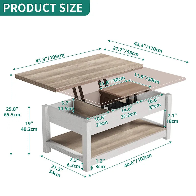 Moasis Lift Top Coffee Table Extendable Tabletop with Hidden Storage and Shelves