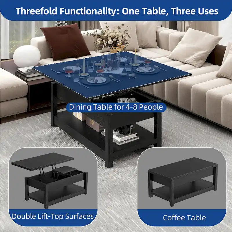Moasis Lift Top Coffee Table Extendable Tabletop with Hidden Storage and Shelves