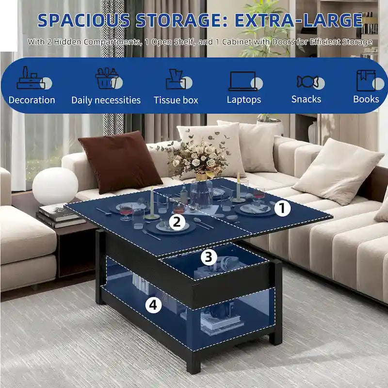 Moasis Lift Top Coffee Table Extendable Tabletop with Hidden Storage and Shelves
