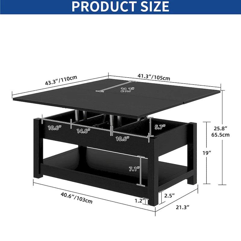 Moasis Lift Top Coffee Table Extendable Tabletop with Hidden Storage and Shelves