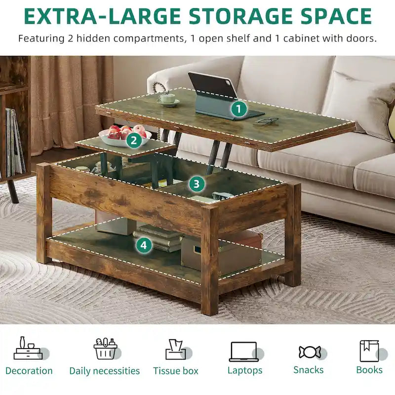 Moasis Lift Top Coffee Table Extendable Tabletop with Hidden Storage and Shelves