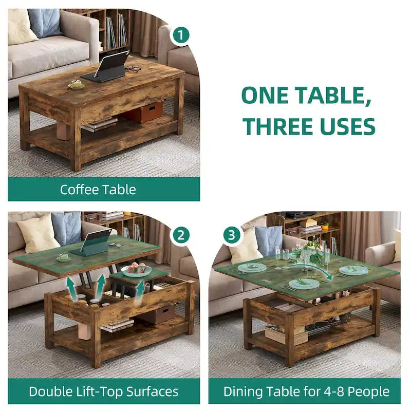 Moasis Lift Top Coffee Table Extendable Tabletop with Hidden Storage and Shelves
