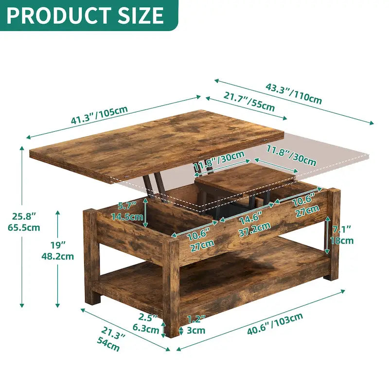 Moasis Lift Top Coffee Table Extendable Tabletop with Hidden Storage and Shelves