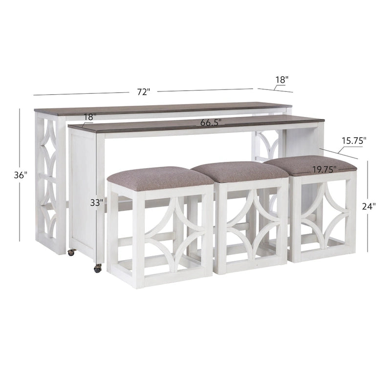 Crewson Wood 2-Piece Nesting Rolling Console with 3 Stools