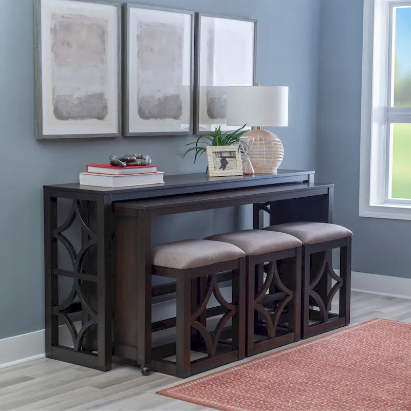 Crewson Wood 2-Piece Nesting Rolling Console with 3 Stools