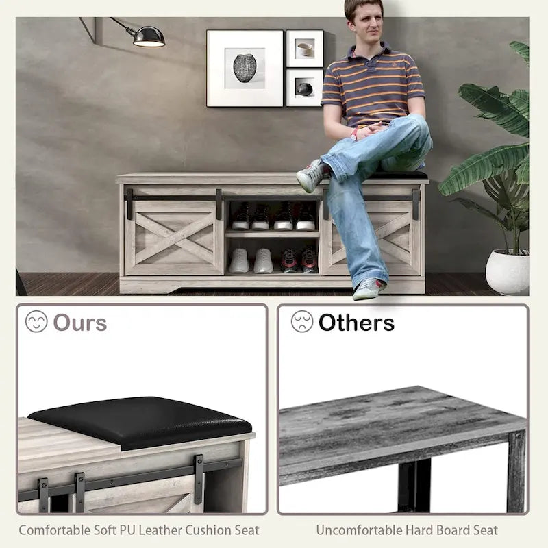 47 inch Shoes Bench with Sliding Barn Door Storage Cabinet and Adjustable Shelves - 47.24Lx15.35Dx18.7H