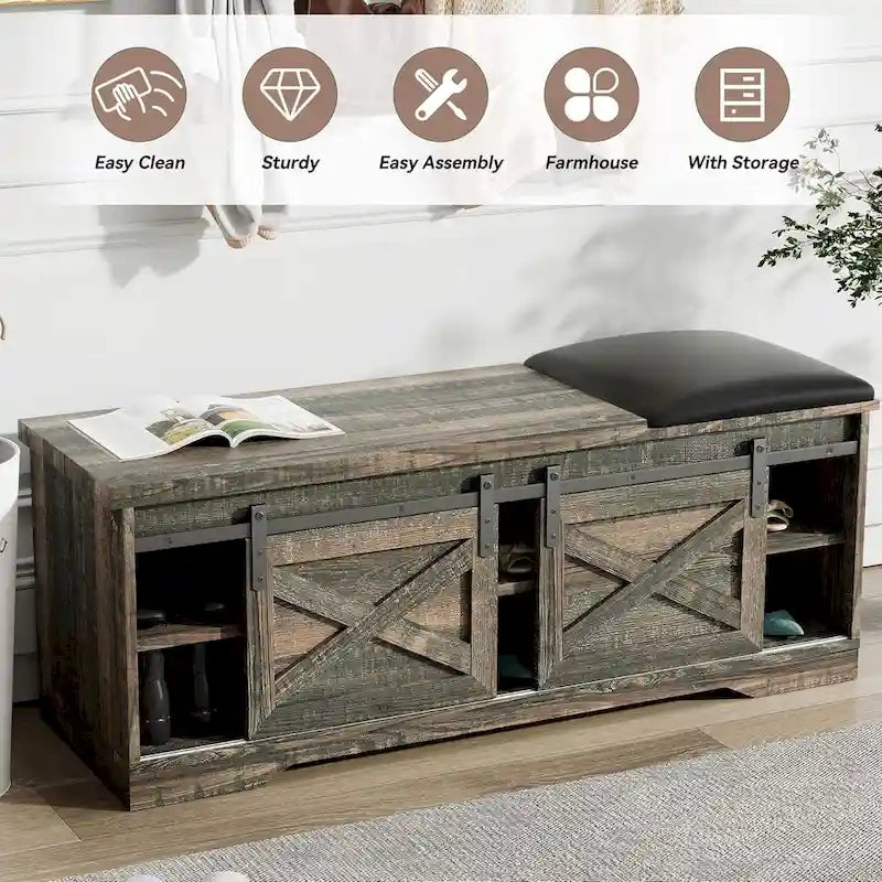 47 inch Shoes Bench with Sliding Barn Door Storage Cabinet and Adjustable Shelves - 47.24Lx15.35Dx18.7H